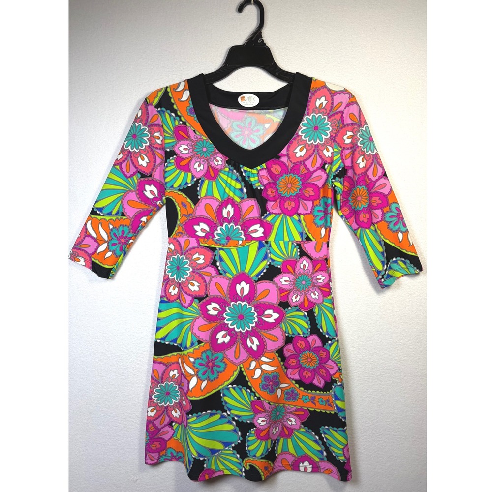 Spunkwear Dress Womens Small Multicolor Excellent Psychedelic Floral V-Neck 3/4